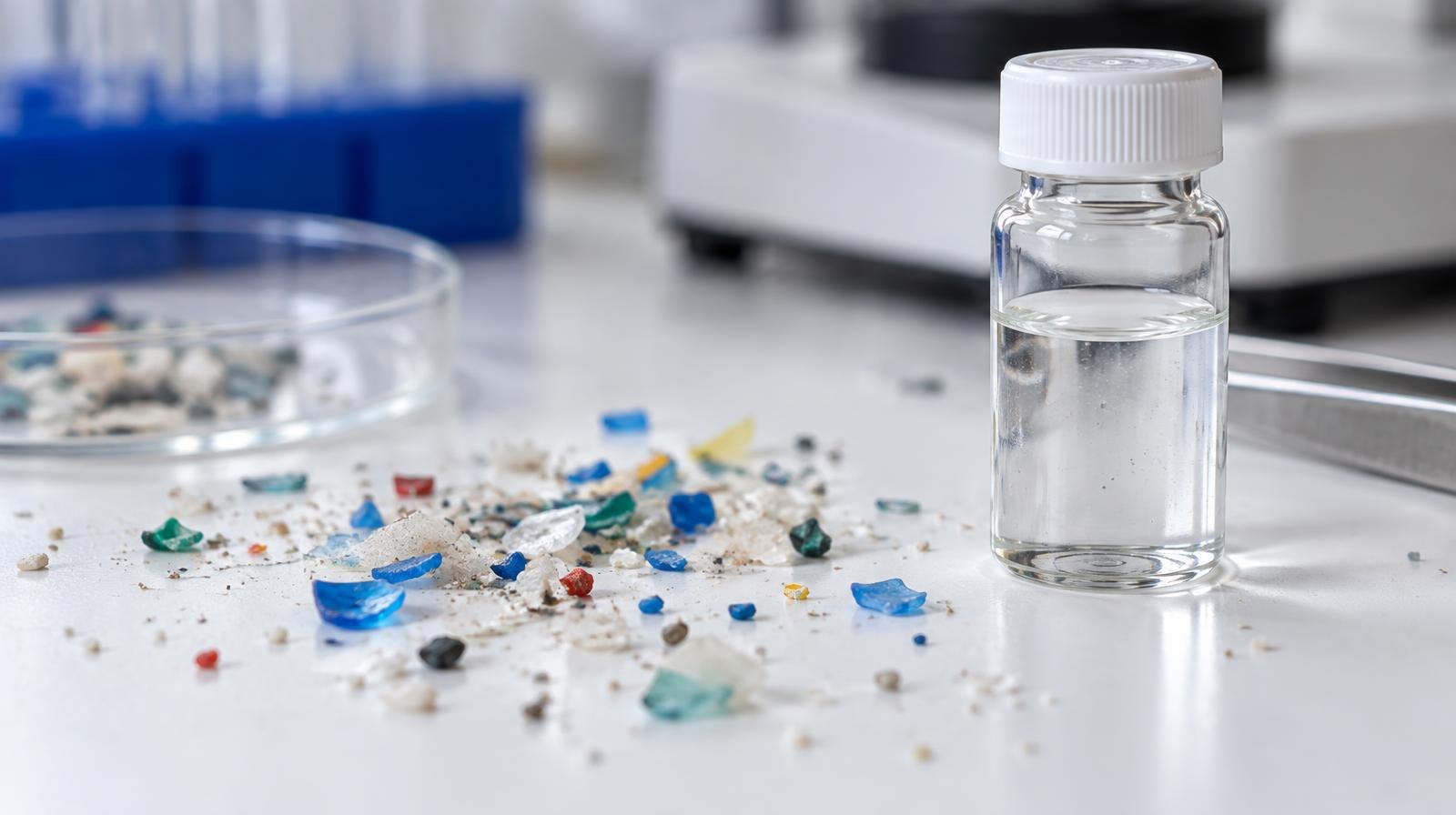 Tiny colorful plastic fragments scattered on a white surface next to a small clear glass vial.