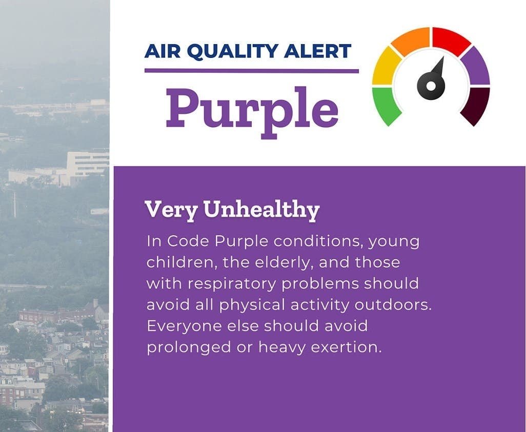 Air quality alert infographic showing a Code Purple 'Very Unhealthy' rating on a color-coded gauge.