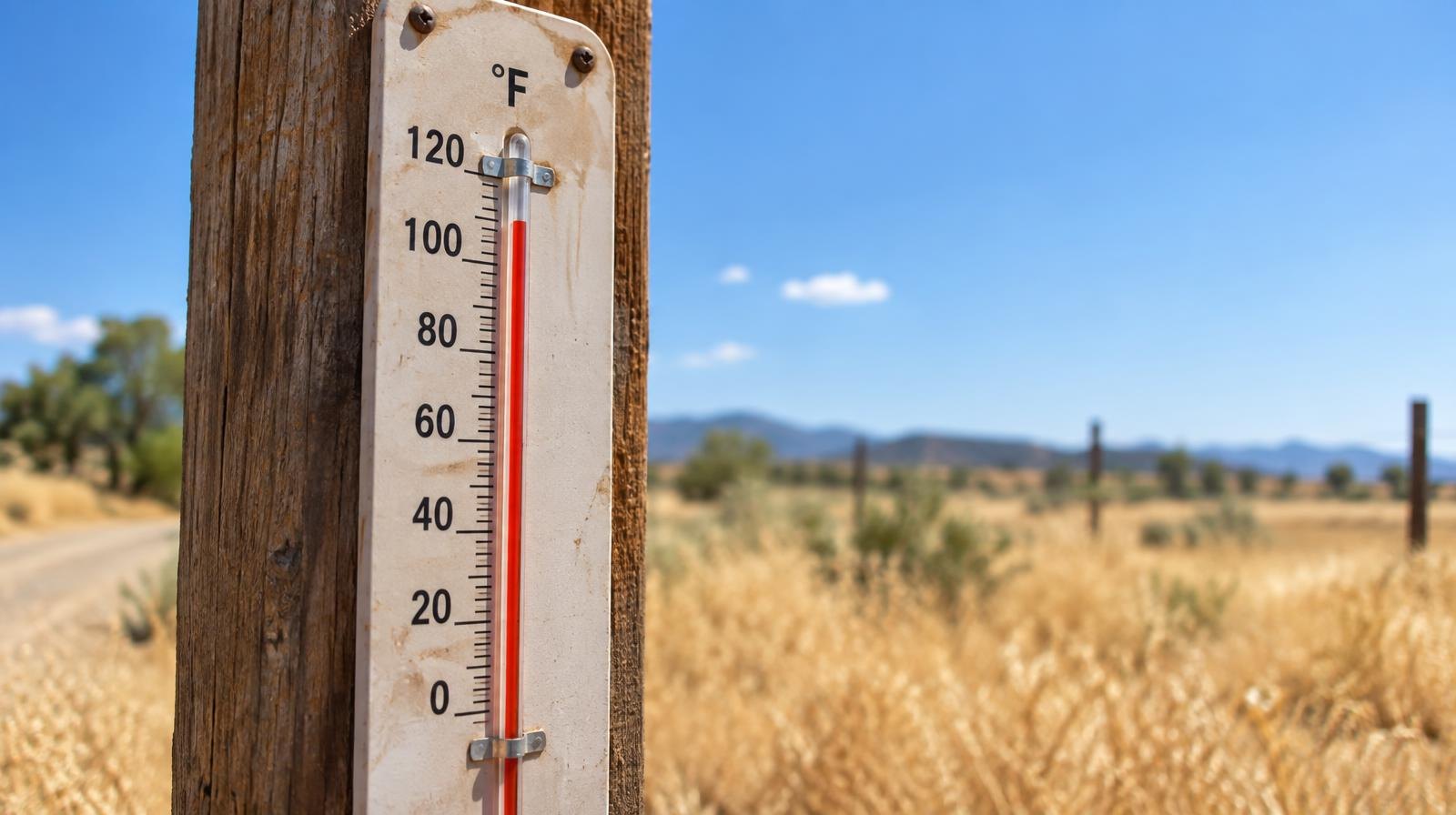 Outdoor thermometer on a wooden post showing high temperature under a bright blue sky.