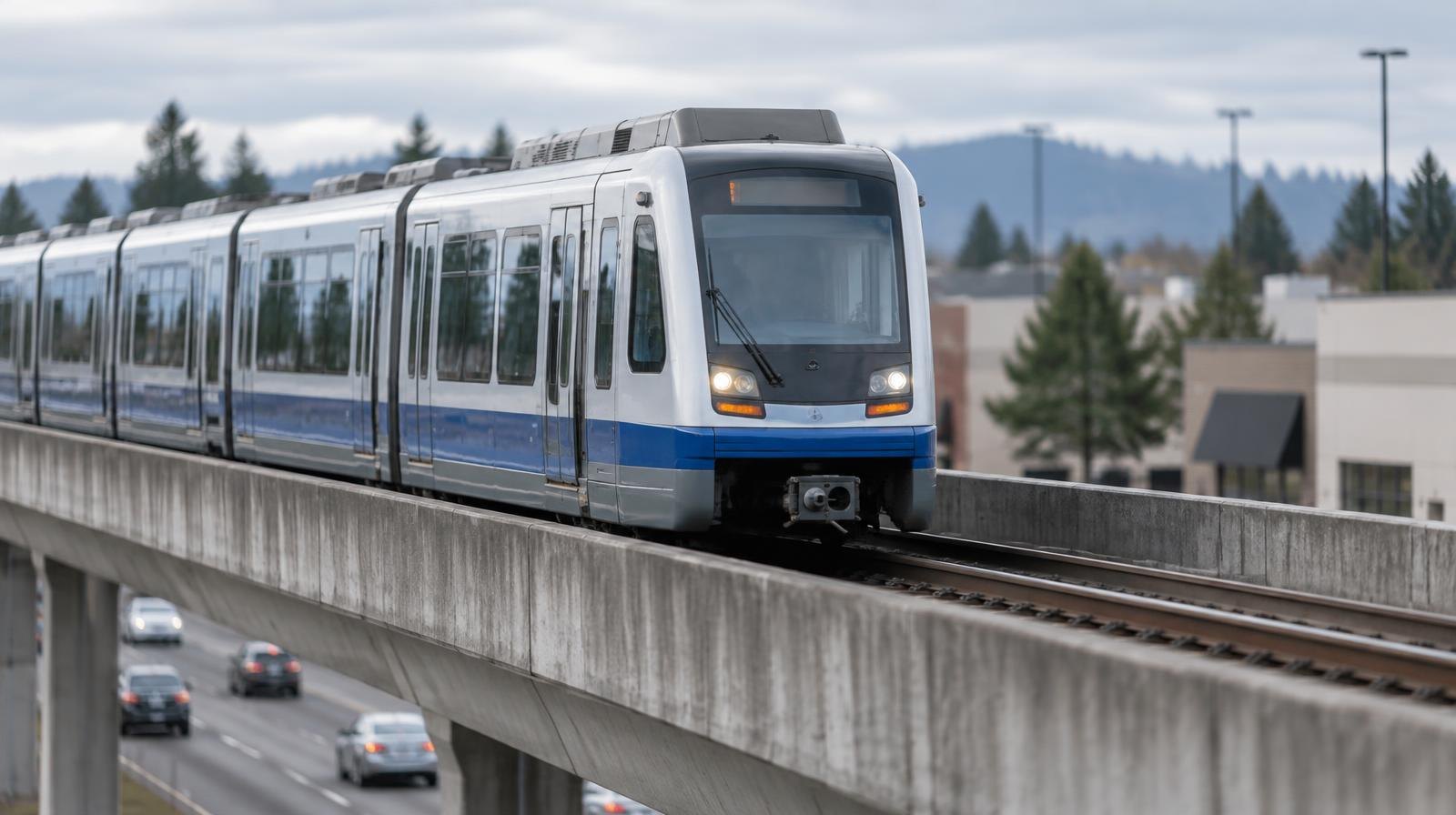 A modern light rail train on an elevated concrete guideway above a suburban road with buildings below.