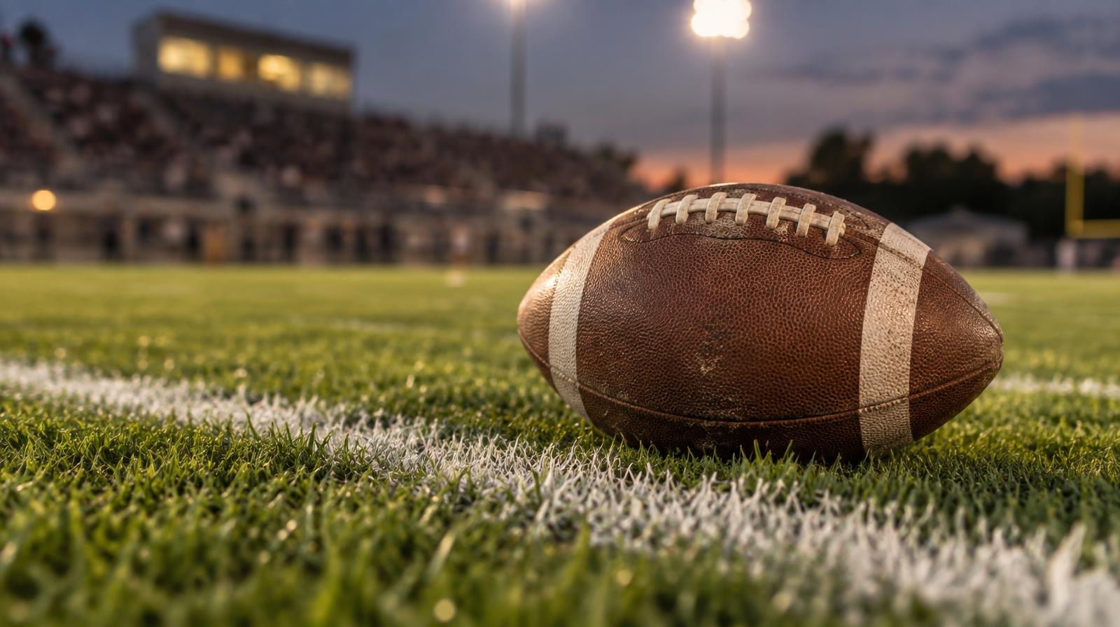 An American football resting on green grass beside a white painted yard line.