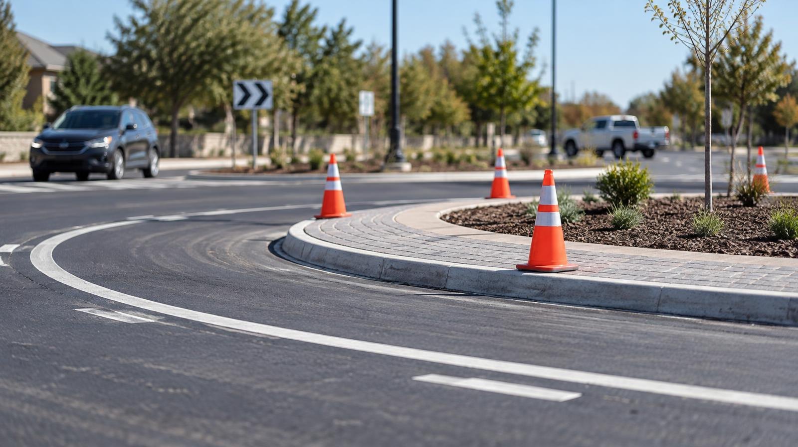 Aerial view of a freshly paved roundabout with white markings and orange cones around the center island.