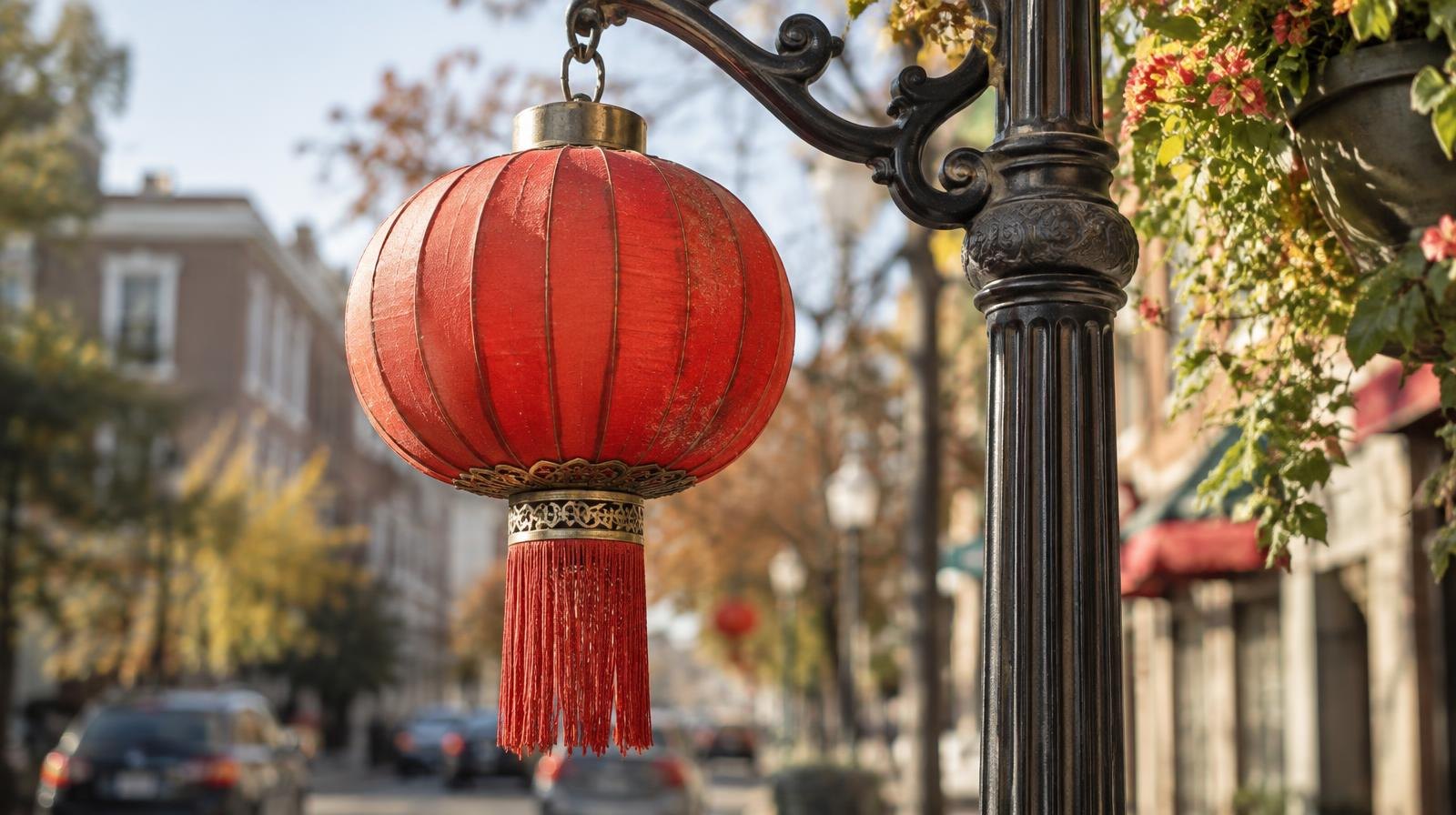 Red paper lantern hanging from an ornate street lamp on a city sidewalk.