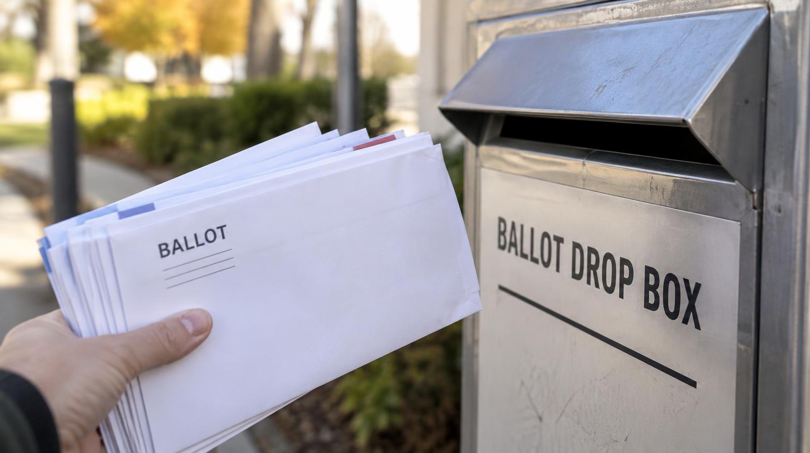 White envelopes stacked beside an outdoor ballot drop box.