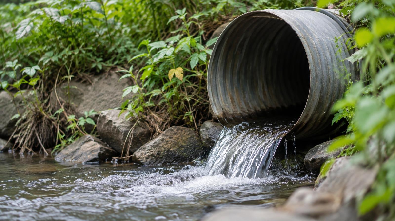 Concrete drainage pipe outlet emptying water into a stream surrounded by green vegetation.