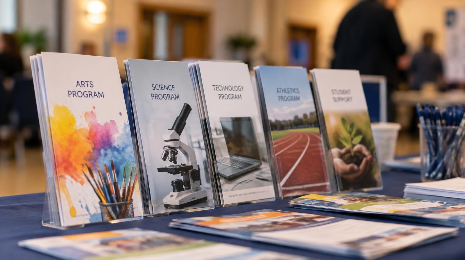 Colorful school brochures fanned out on a table under warm indoor lighting.