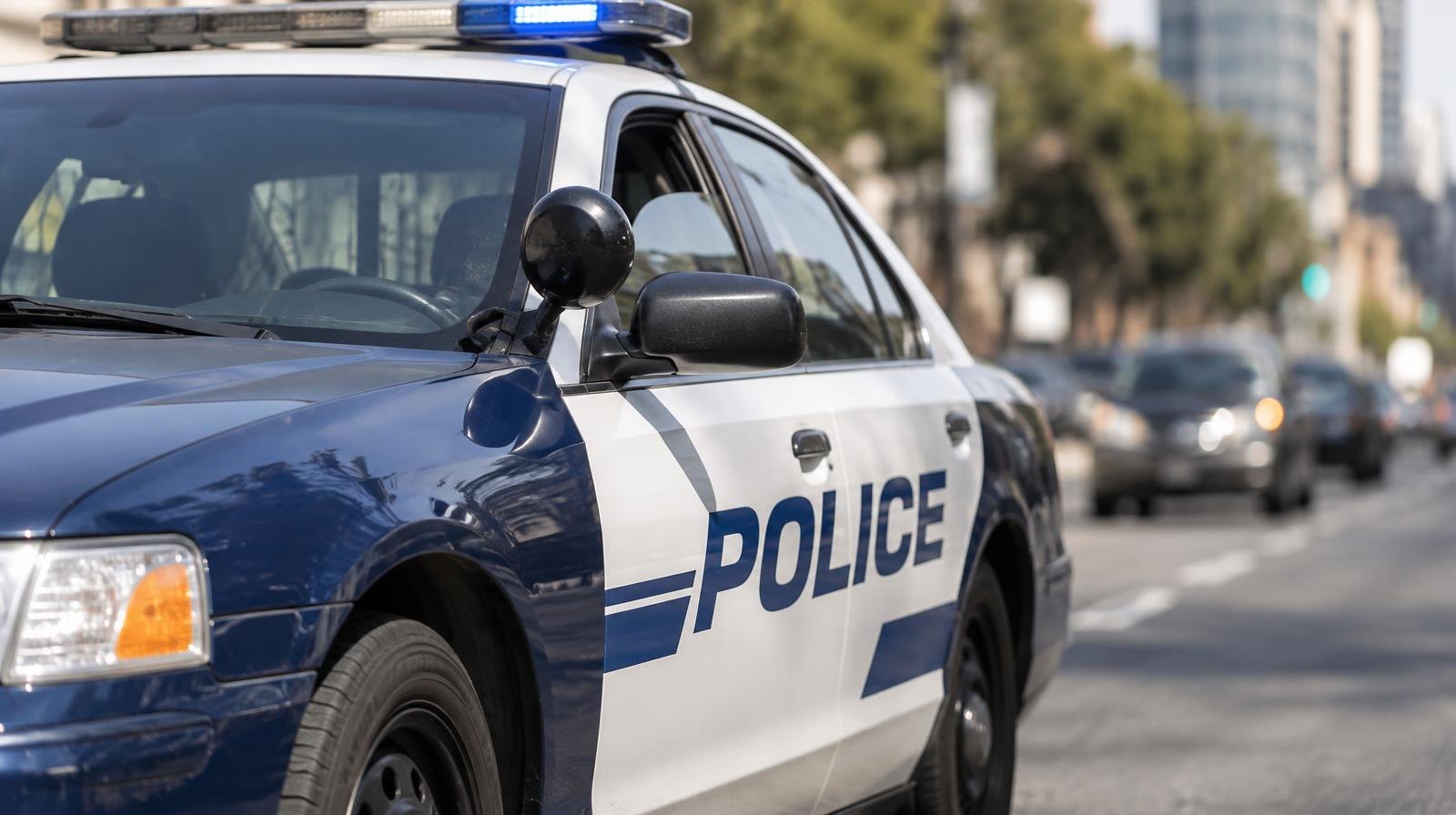 Blue and white police patrol car parked on a sunny urban street.