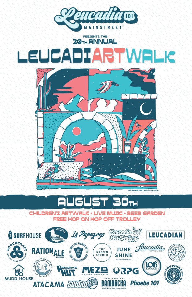 Colorful illustrated event poster for the 20th Annual LeucadiART Walk on August 30.