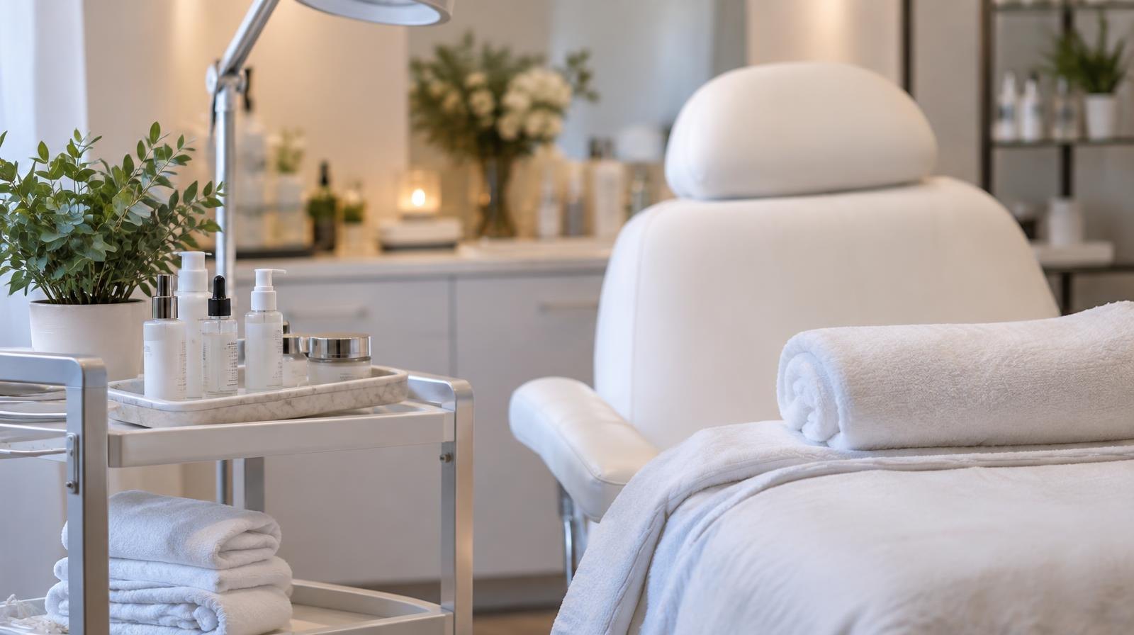 White reclining spa chair with folded towels and skincare product bottles on a tray.