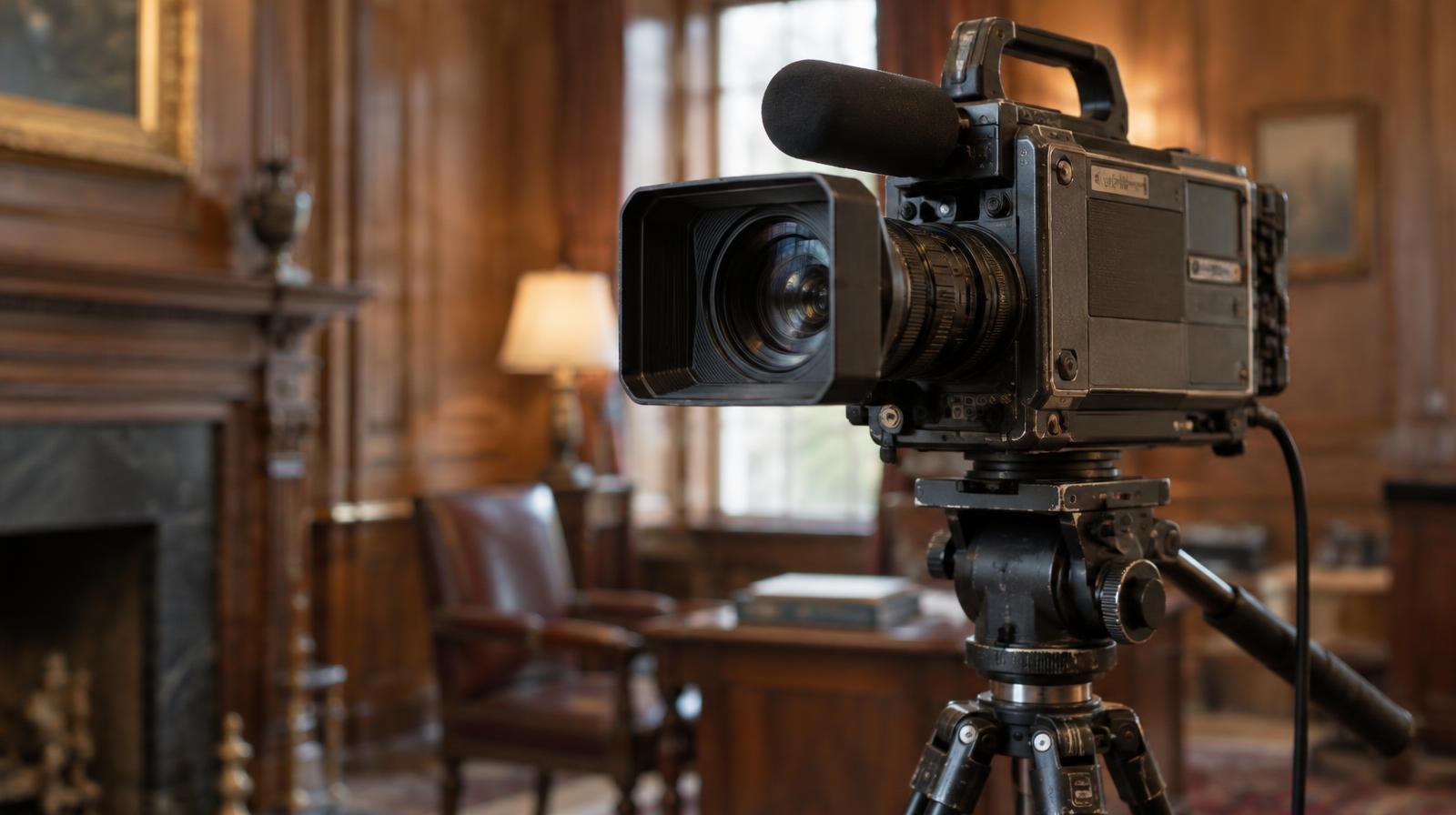 A vintage video camera on a tripod inside a wood-paneled room with period furnishings.