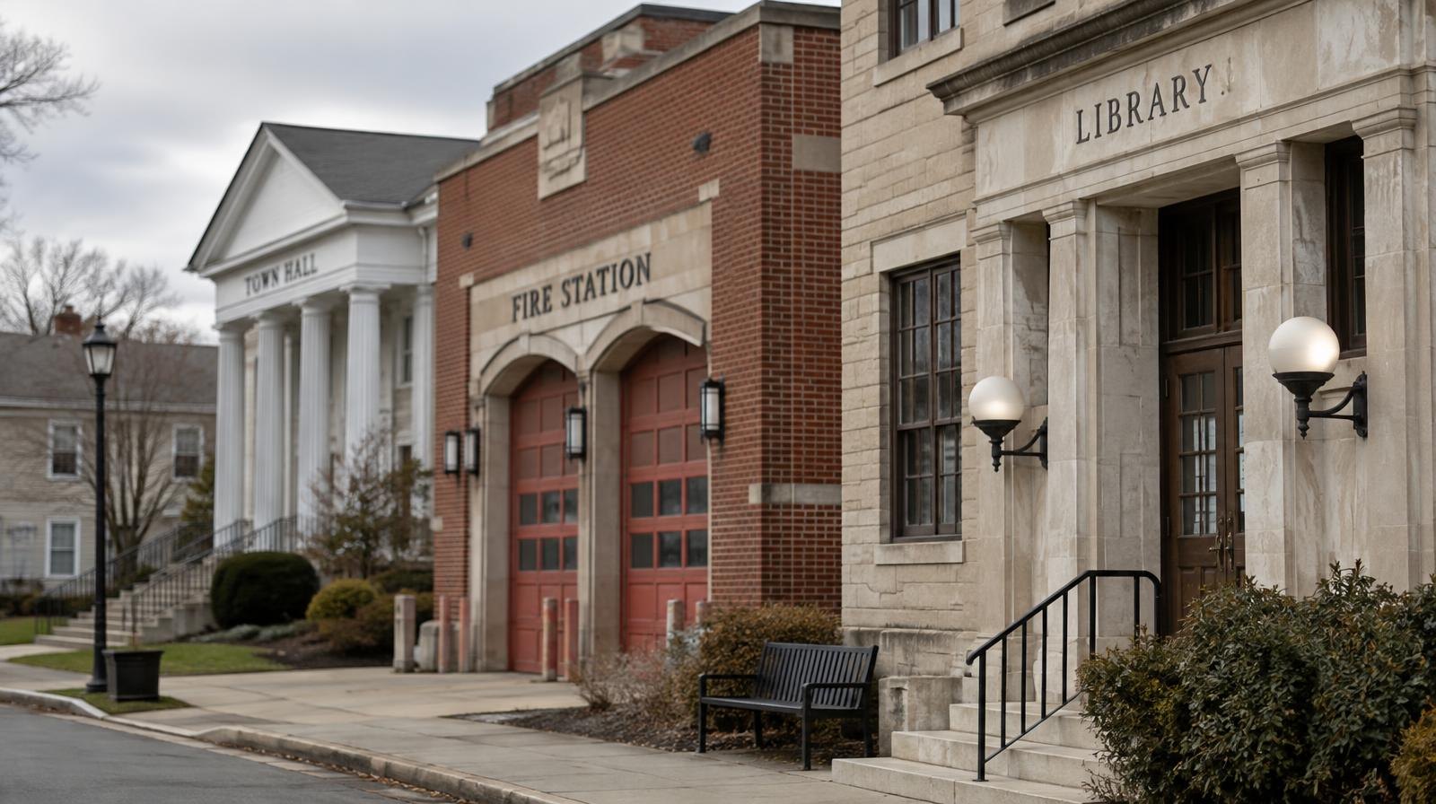 Row of aging municipal building facades including a town hall, fire station, and library.