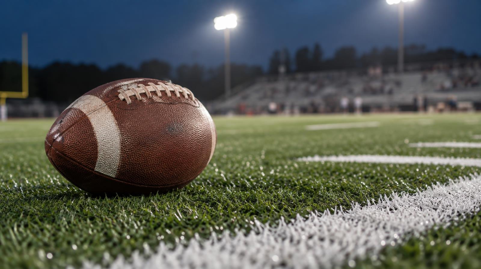 An American football resting on green artificial turf beside a painted white yard line.