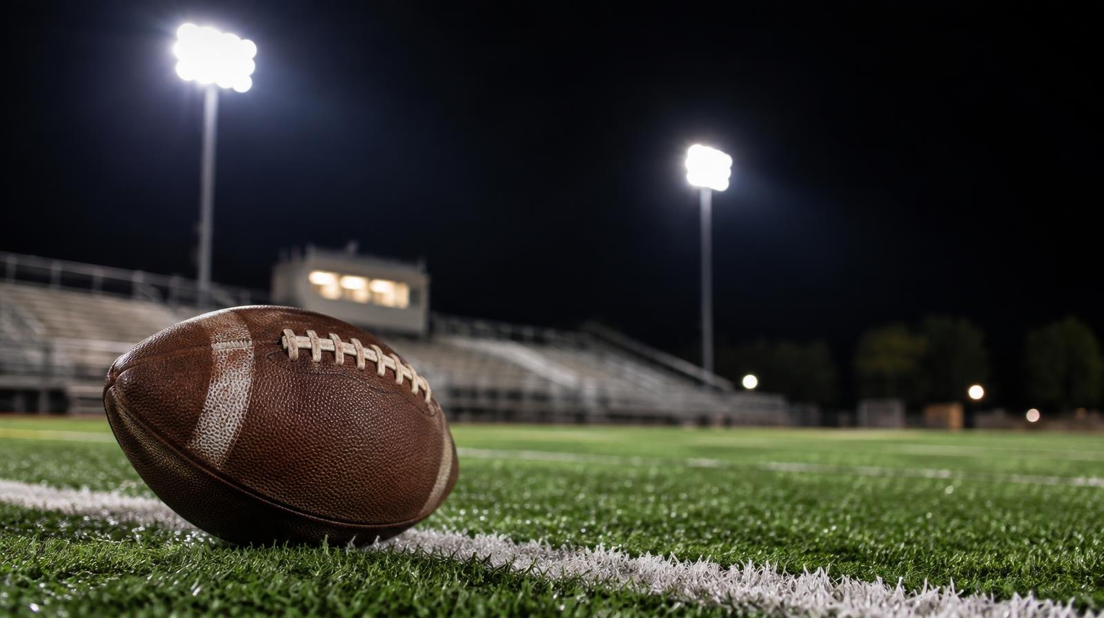 Bright stadium lights on tall poles shining over a green football field at night.