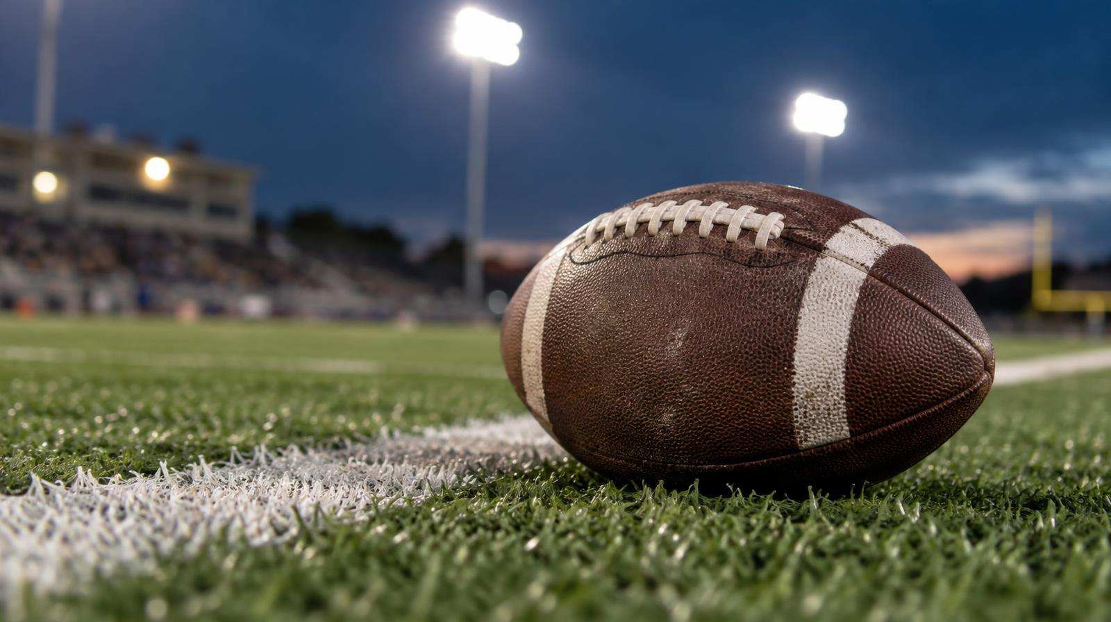 An American football resting on green artificial turf beside a white yard line.