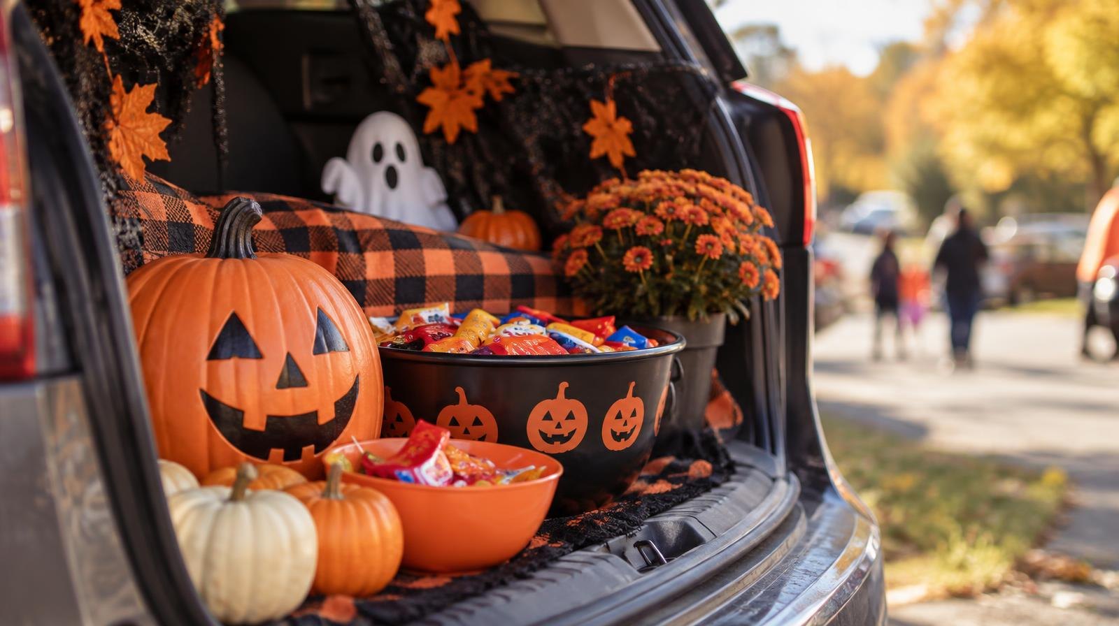 A car trunk filled with Halloween candy and orange and black decorations outdoors.