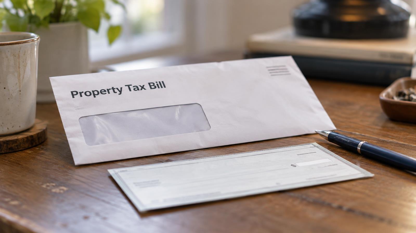 An envelope and a personal check on a wooden desk next to a pen.