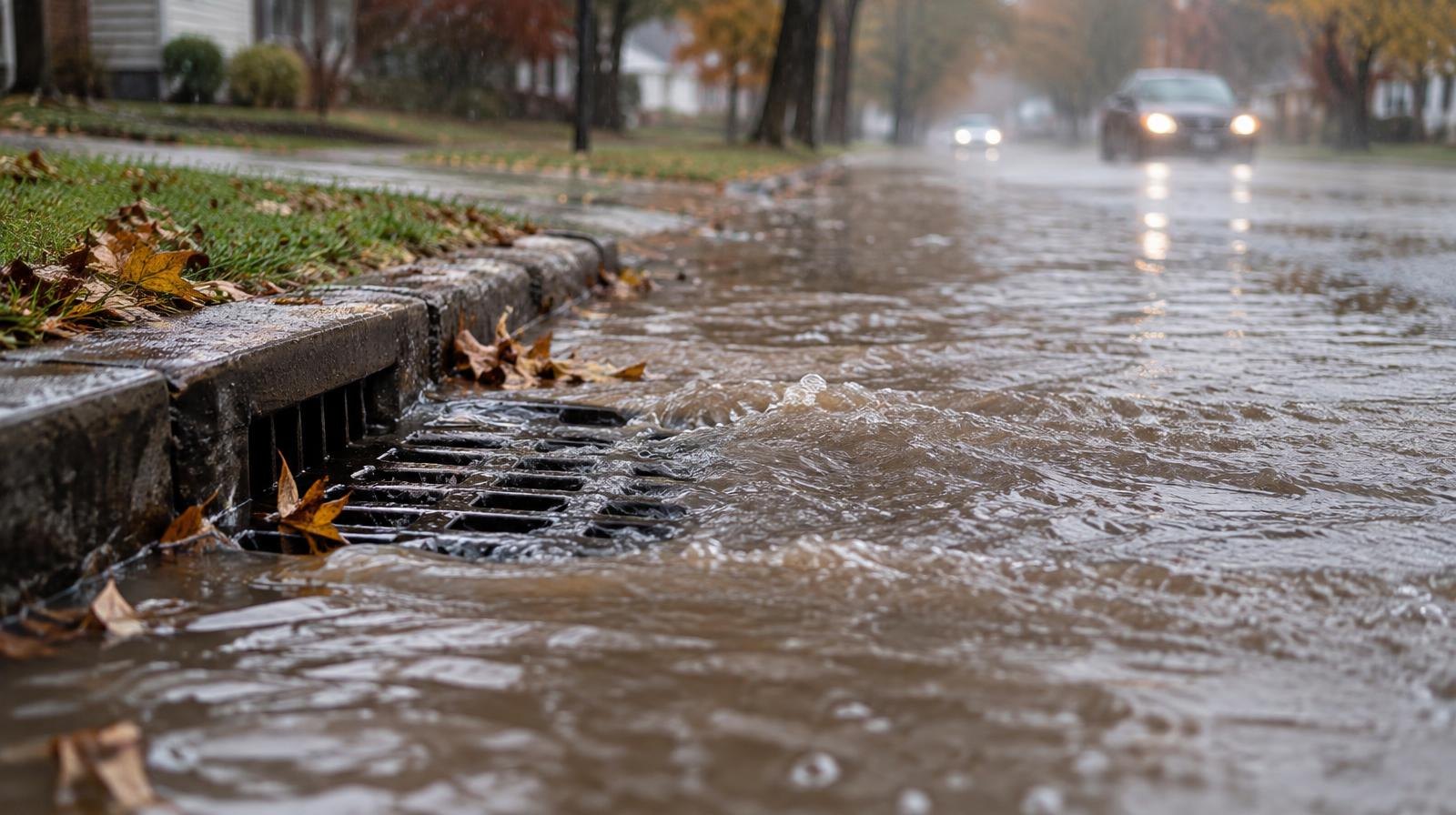 Brown floodwater covering a suburban street and submerging a storm drain.