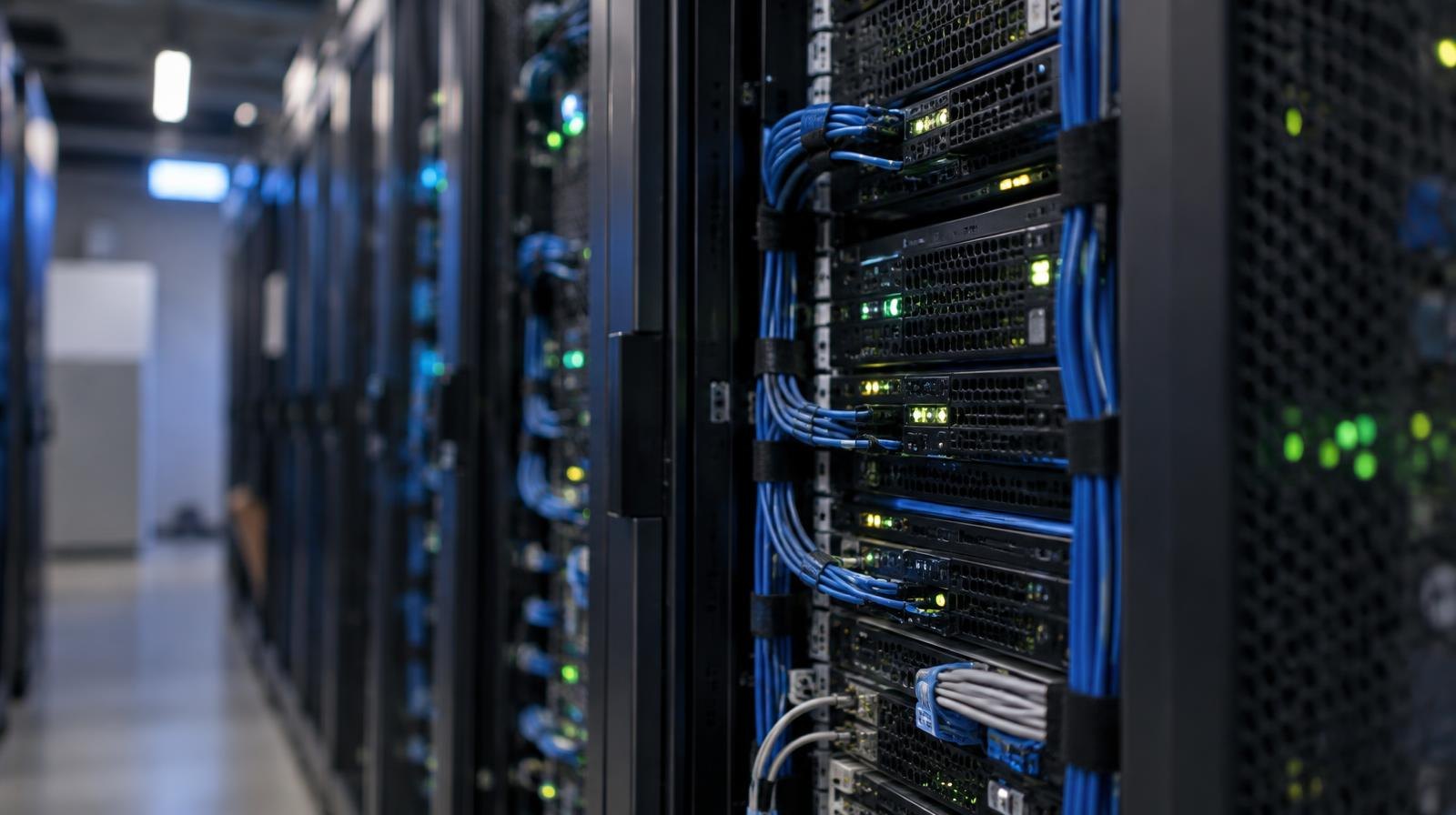 Rows of illuminated server racks with blinking lights in a darkened room.