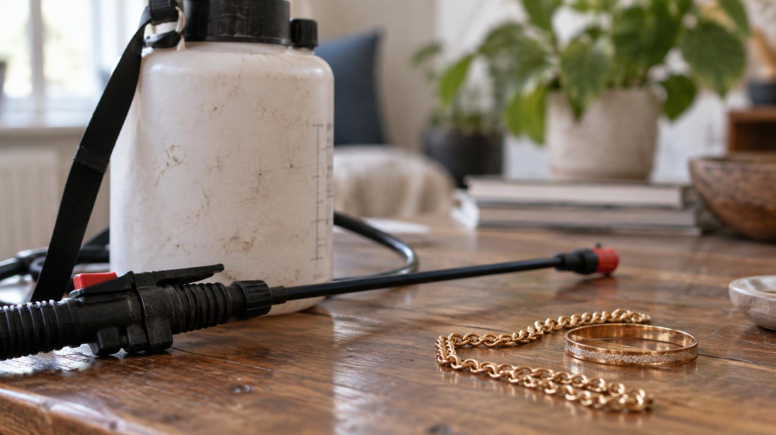 A pest control spray canister and wand next to gold jewelry on a wooden surface.