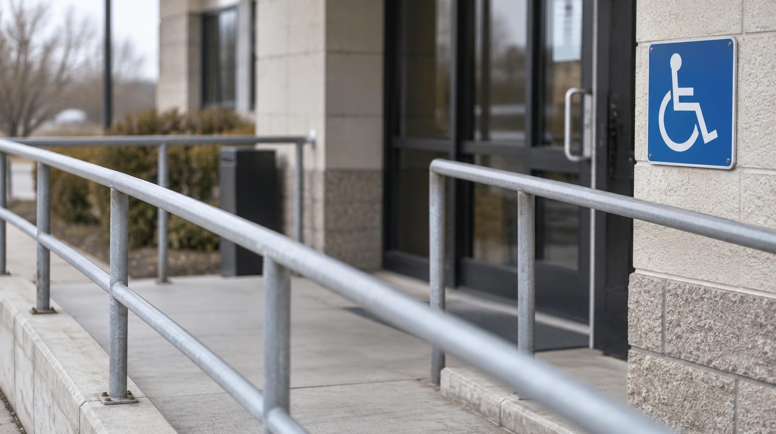 A wheelchair ramp leading up to a building entrance with a blue accessibility sign beside the door.