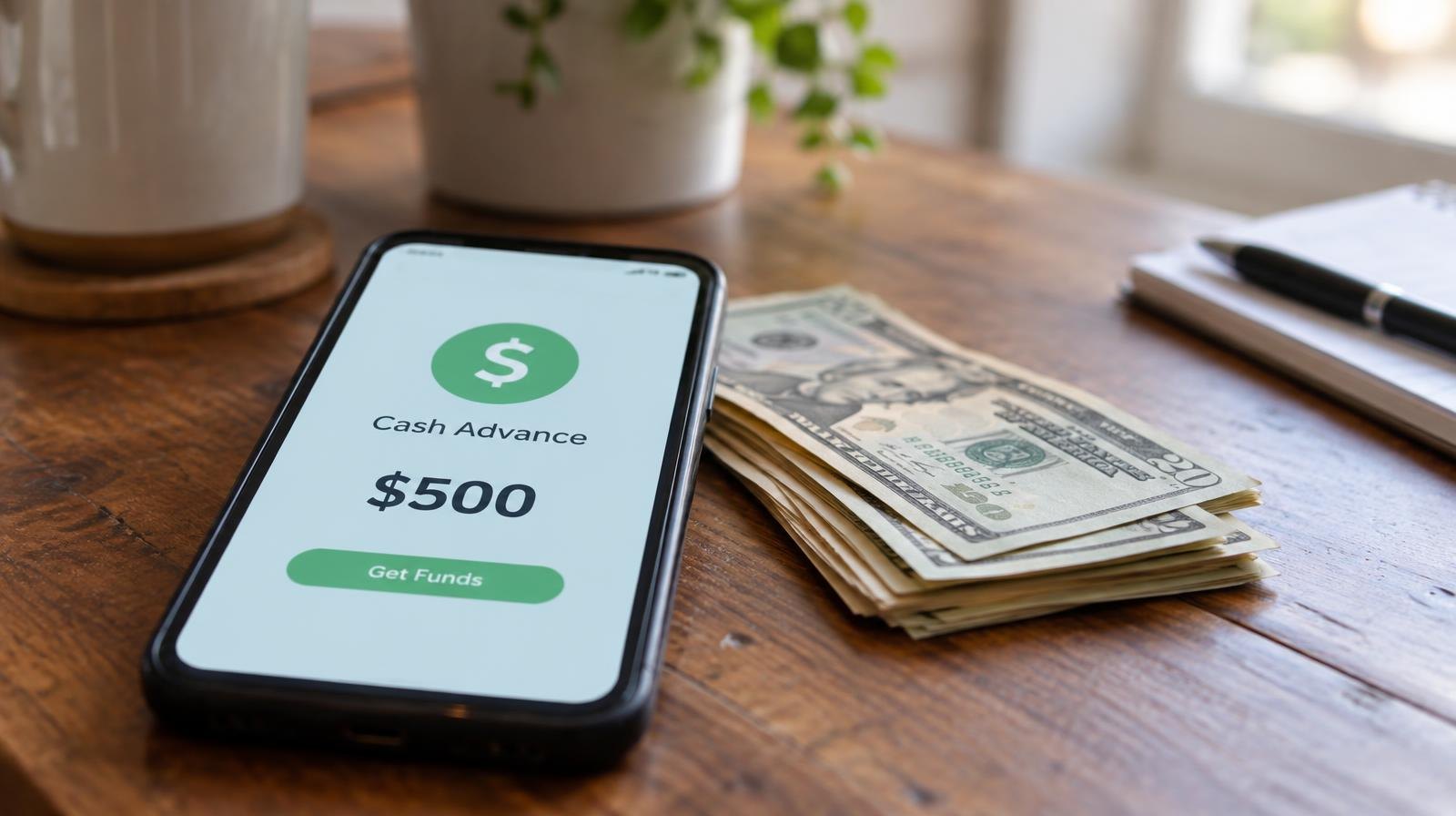 Smartphone with a cash advance app screen next to a small stack of bills on a wooden table.