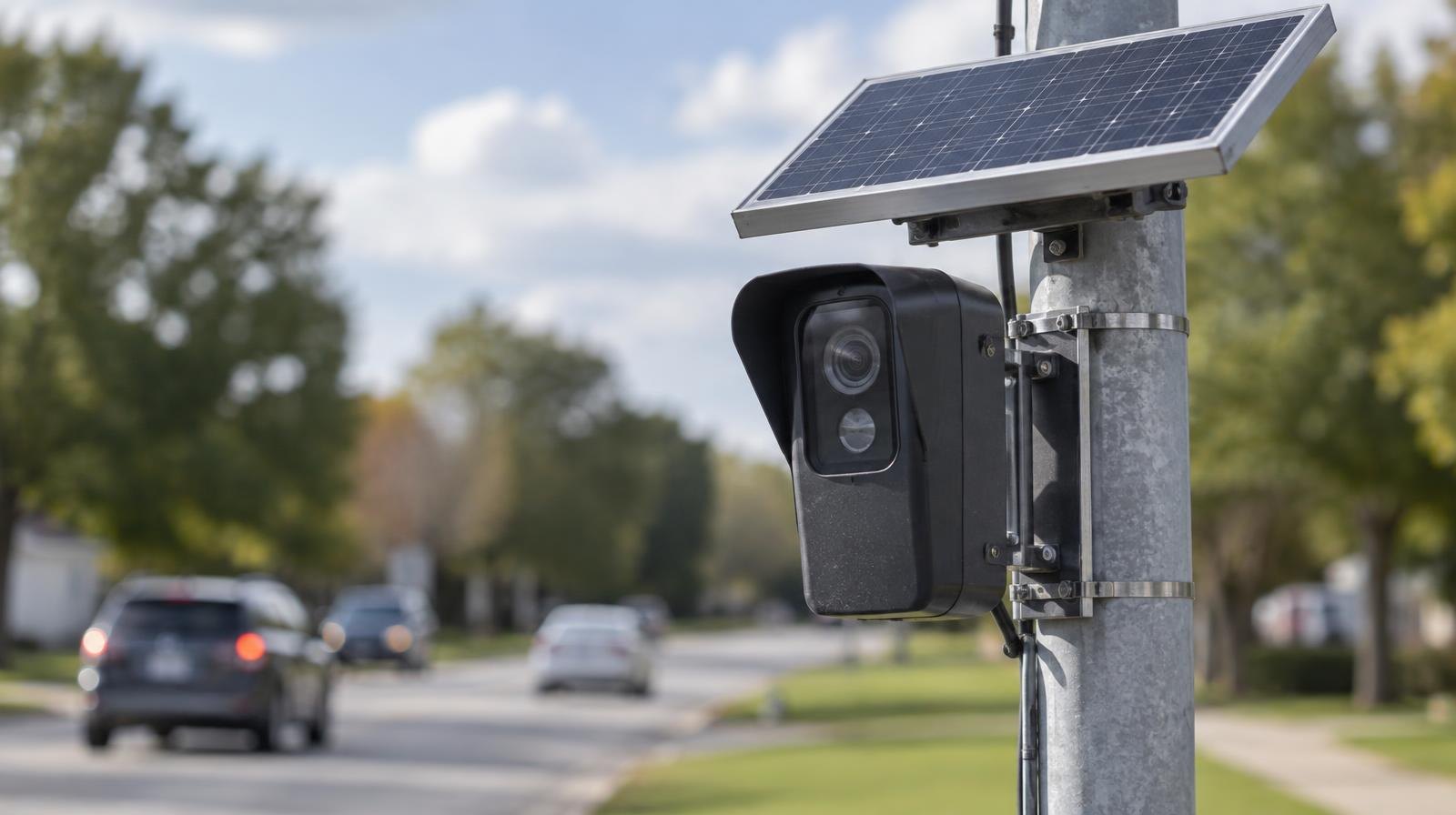 A solar-powered automated license plate reader camera on a metal pole beside a road.