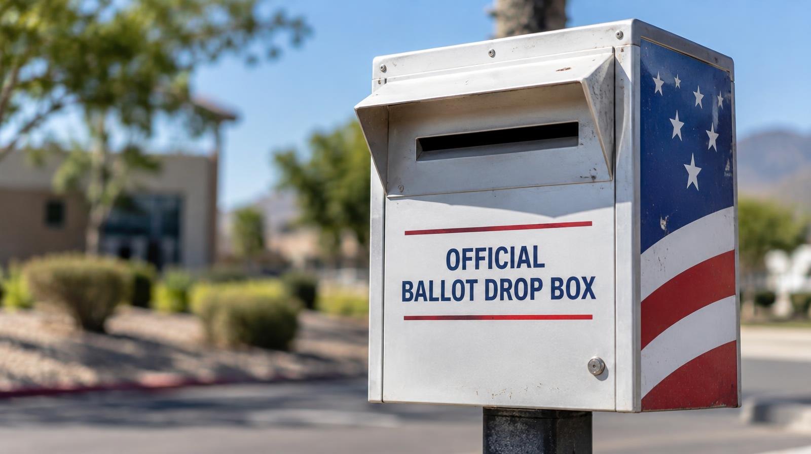 An official election ballot drop box mounted on a post outdoors with a mail slot.