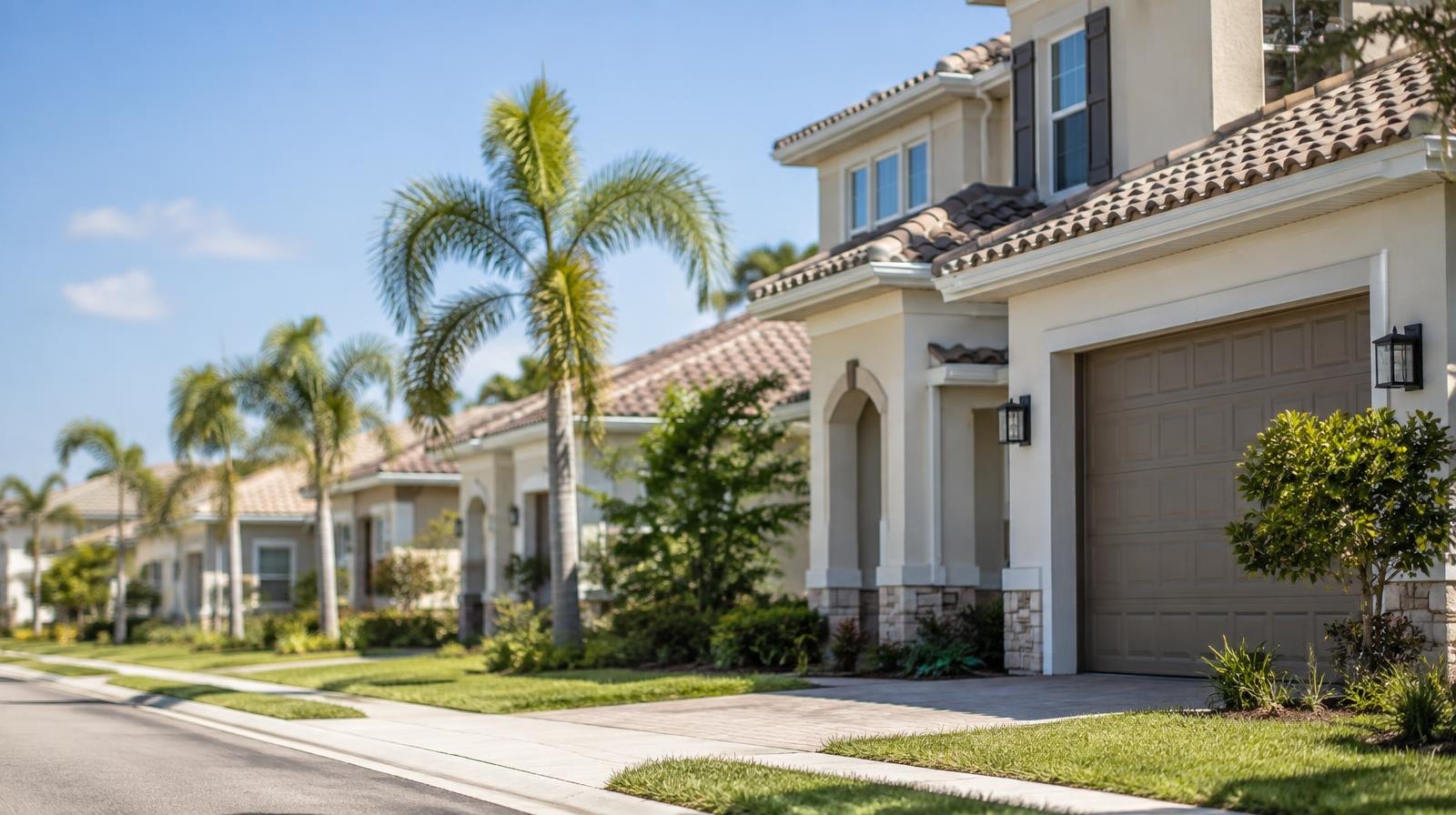 Row of newly constructed suburban homes with fresh landscaping along a paved street.