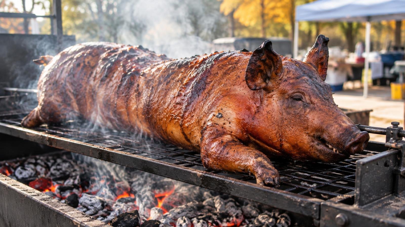 A whole smoked hog rests on a large barbecue grill surrounded by glowing coals and smoke.