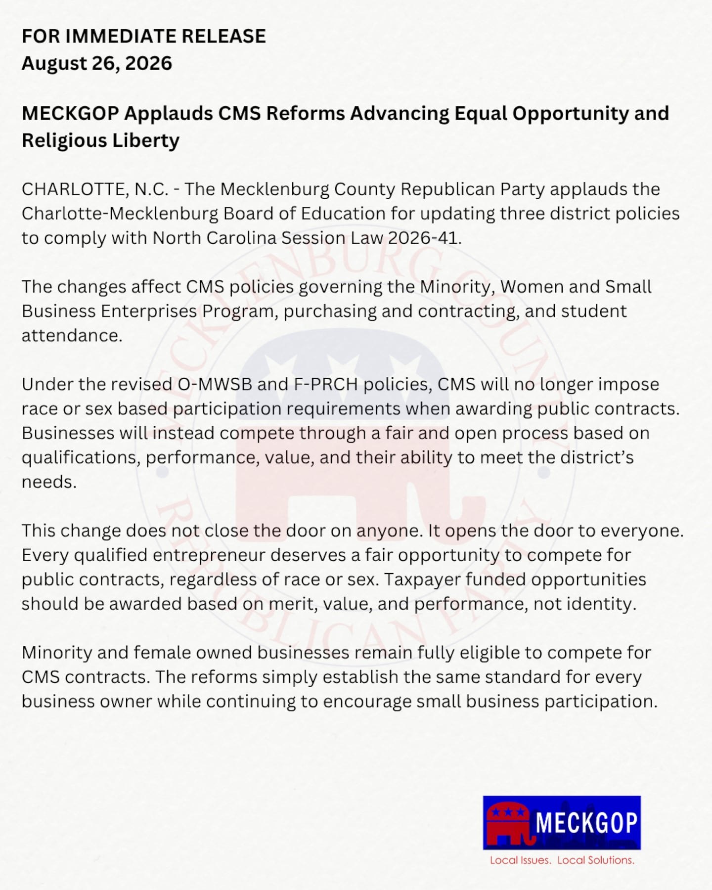 Printed press release from the Mecklenburg County Republican Party dated August 26, 2026.