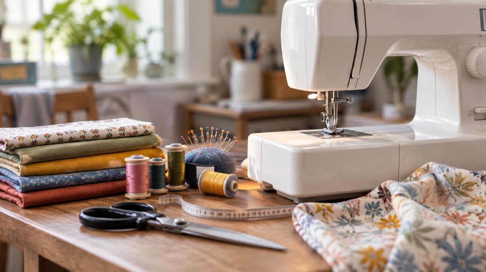 A sewing machine on a table with spools of thread, folded fabric, and scissors.