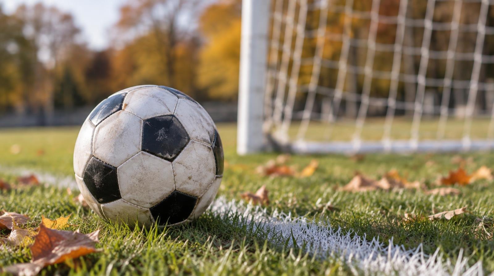 A soccer ball resting on green grass near a goal net.