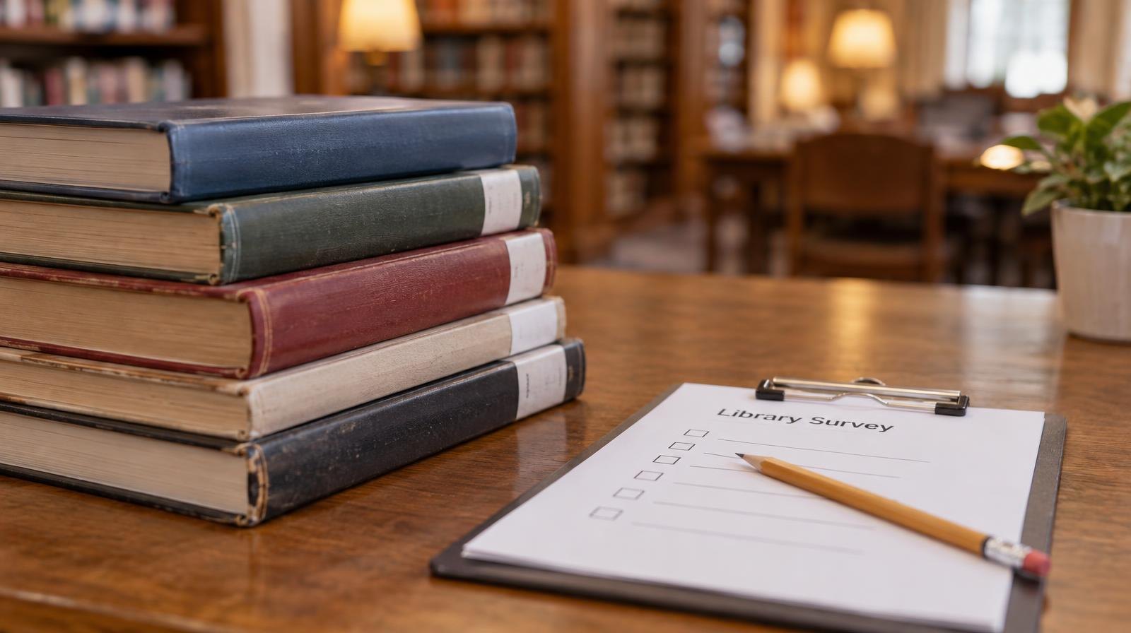 Stack of books on a wooden table next to a clipboard with a pencil resting on top.