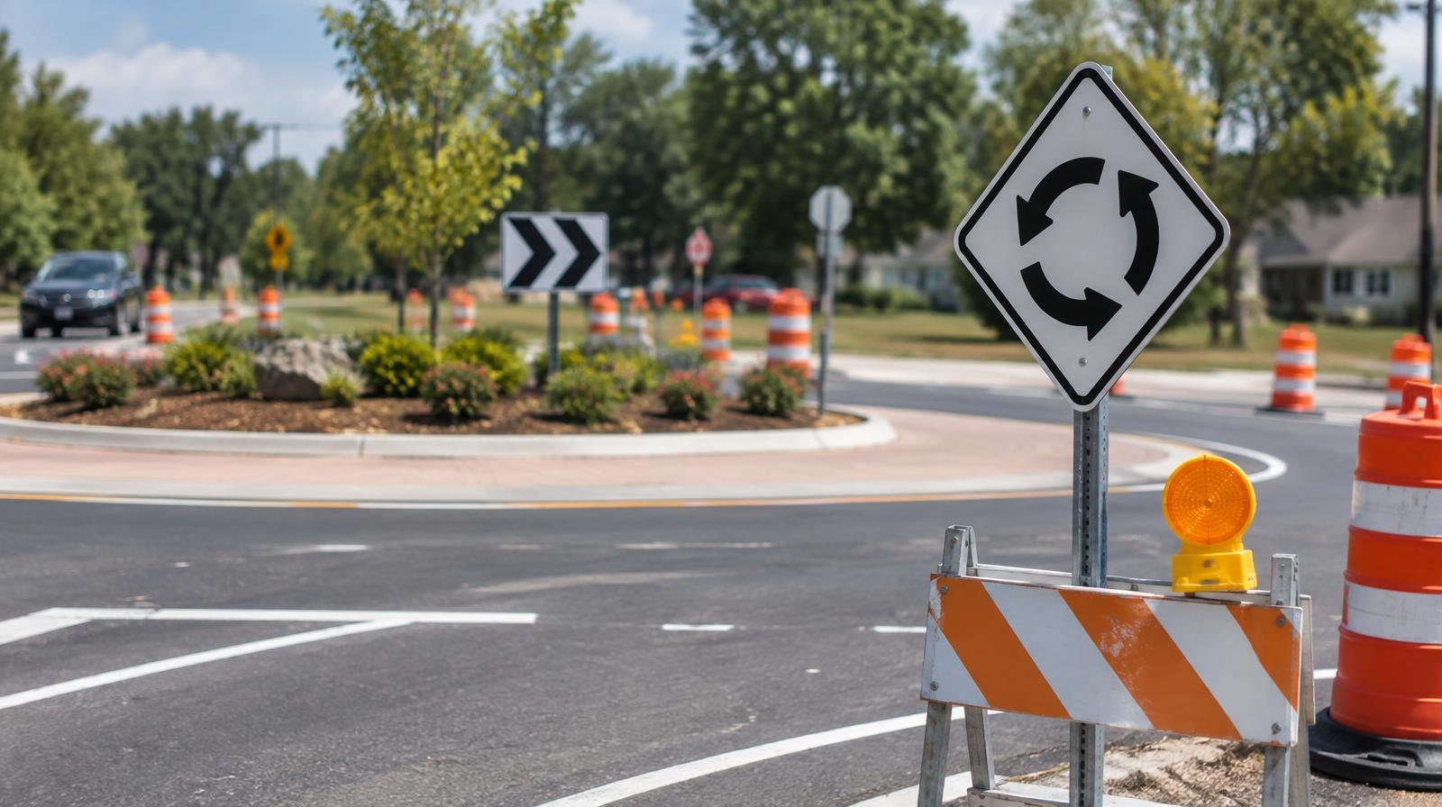 A roundabout with white lane markings and orange construction cones around it.