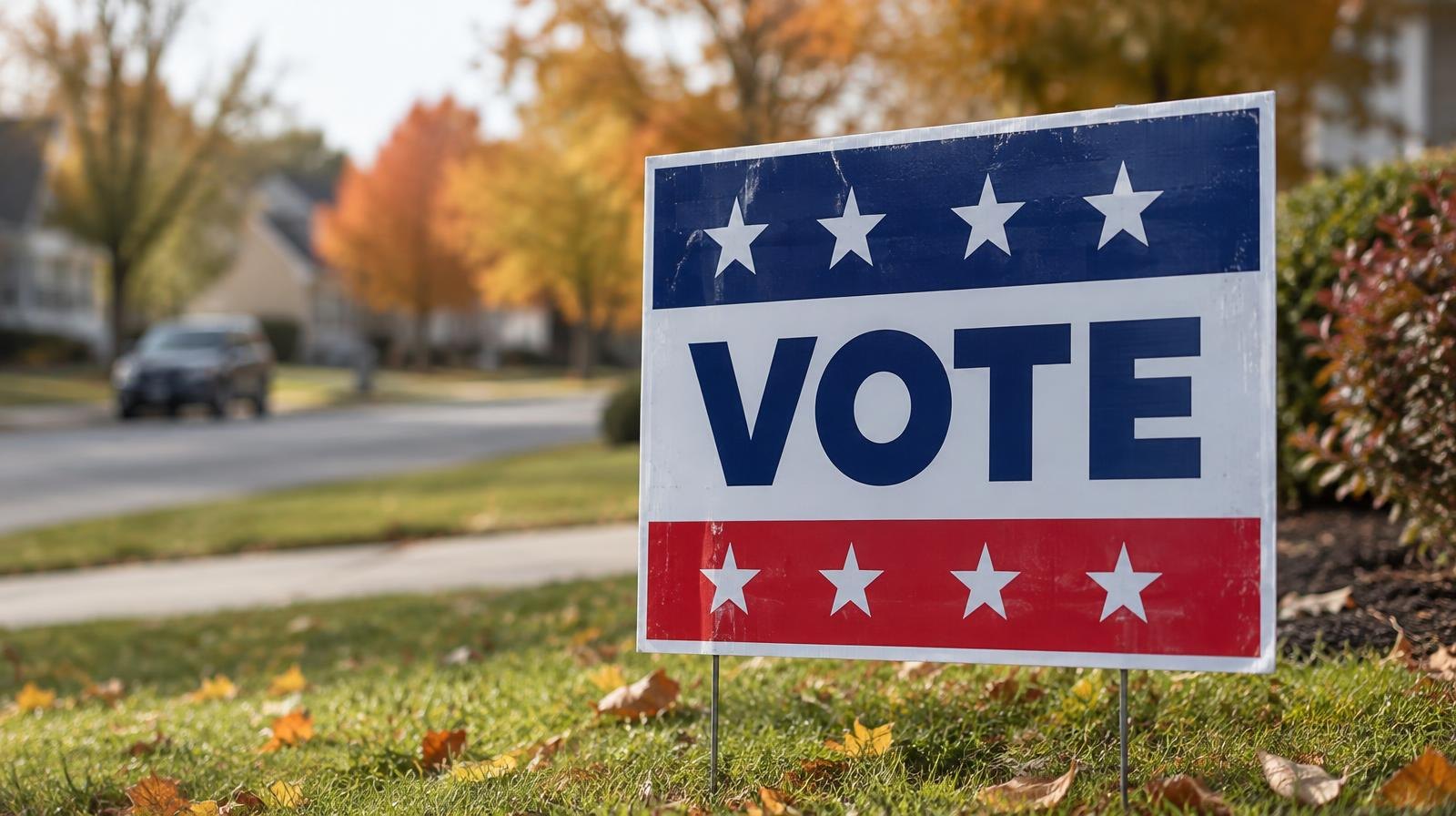 A campaign yard sign planted in a green suburban lawn along a residential street in autumn.