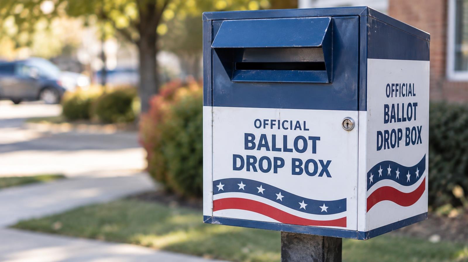 A sealed official ballot drop box mounted on a post outdoors.