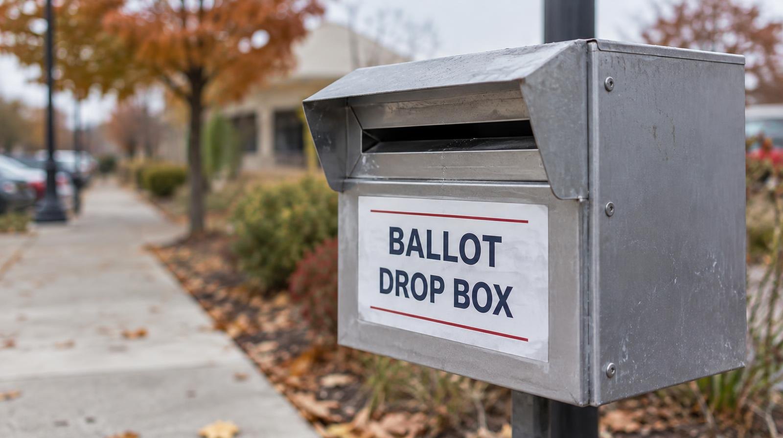 A metal ballot drop box on a post with a slot for inserting ballots.