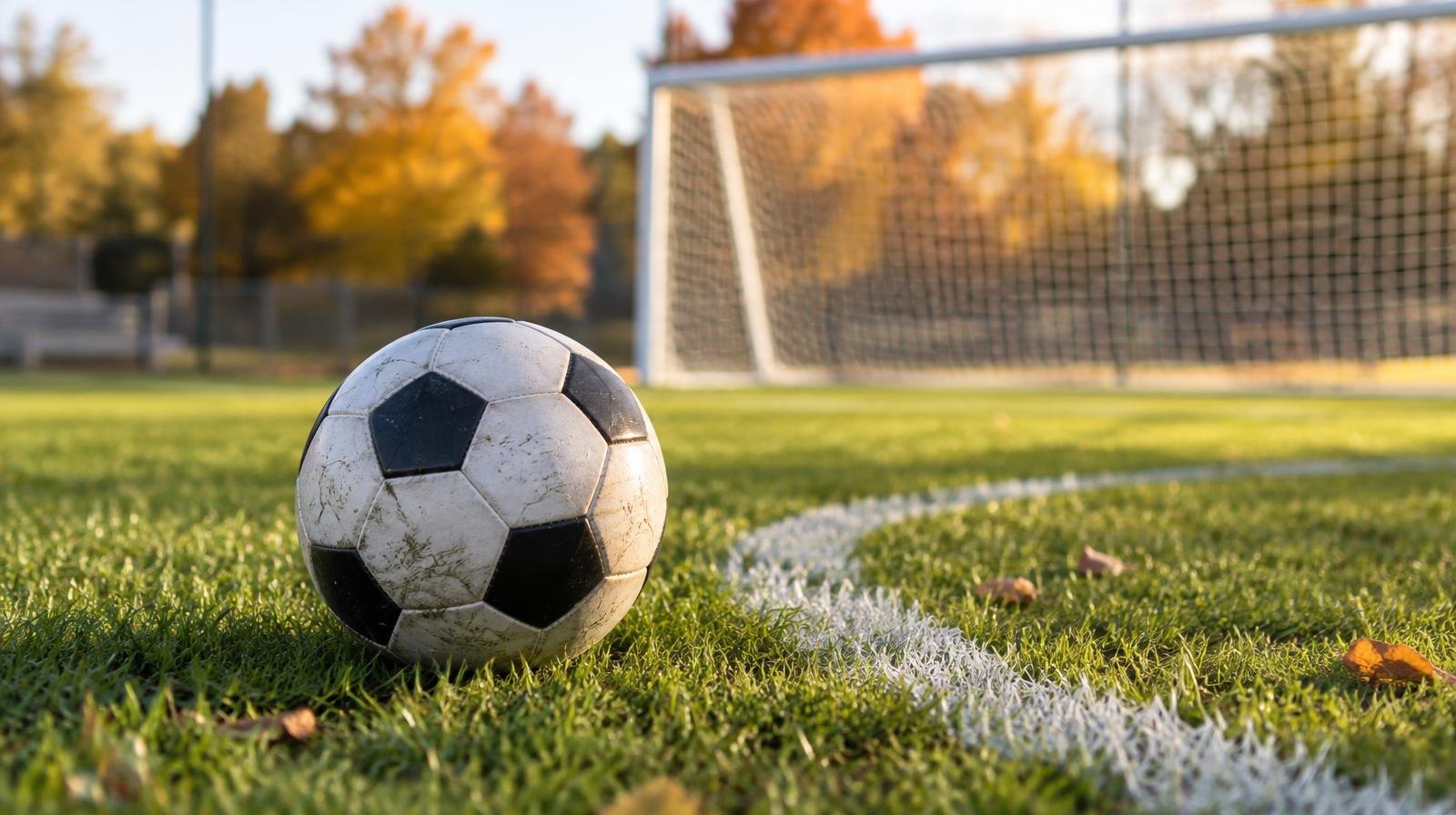 A black-and-white soccer ball on a green grass field near a goal net.