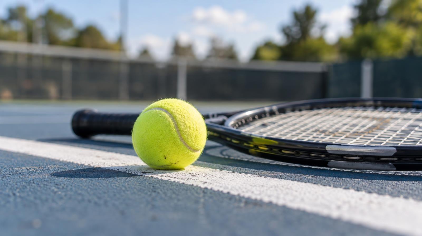 Yellow tennis ball and racket resting on the baseline of a hard court in sunlight.