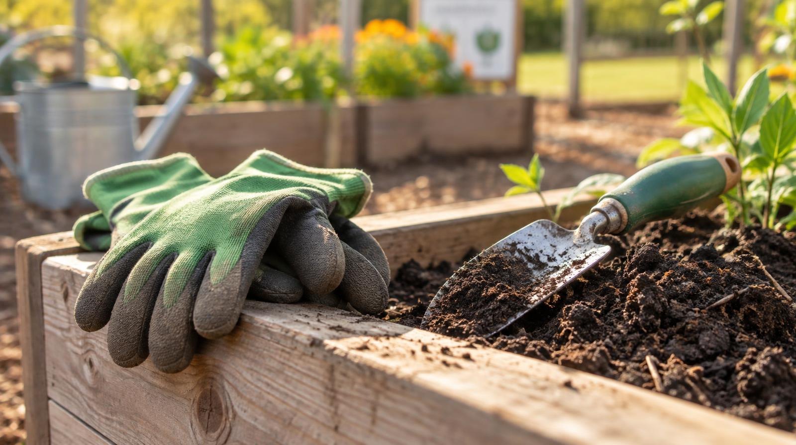 Gardening gloves and a trowel beside a pile of compost on a wooden raised bed.