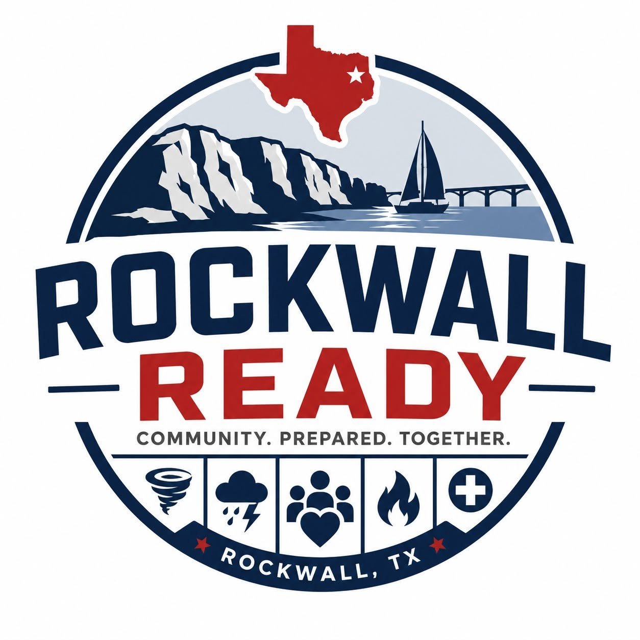 Circular seal reading Rockwall Ready with emergency preparedness icons and a Texas outline.