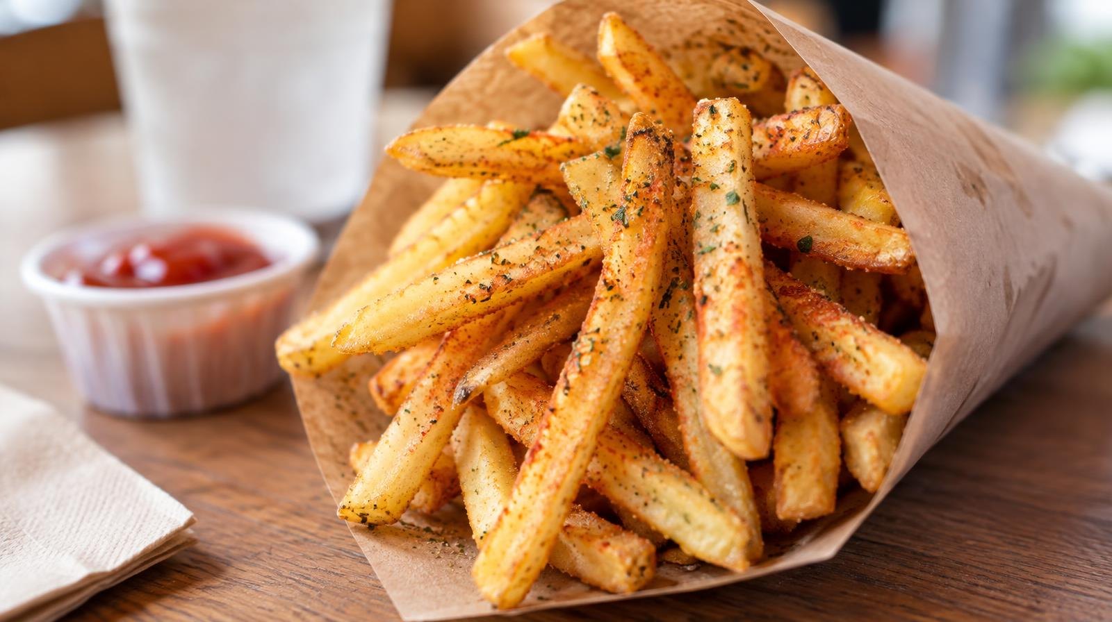 A paper cone filled with seasoned french fries dusted with colorful flavored powder.