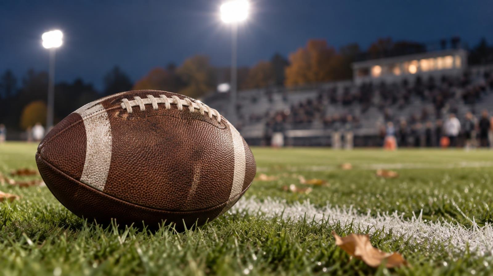 An American football resting on green grass beside a painted white yard line.