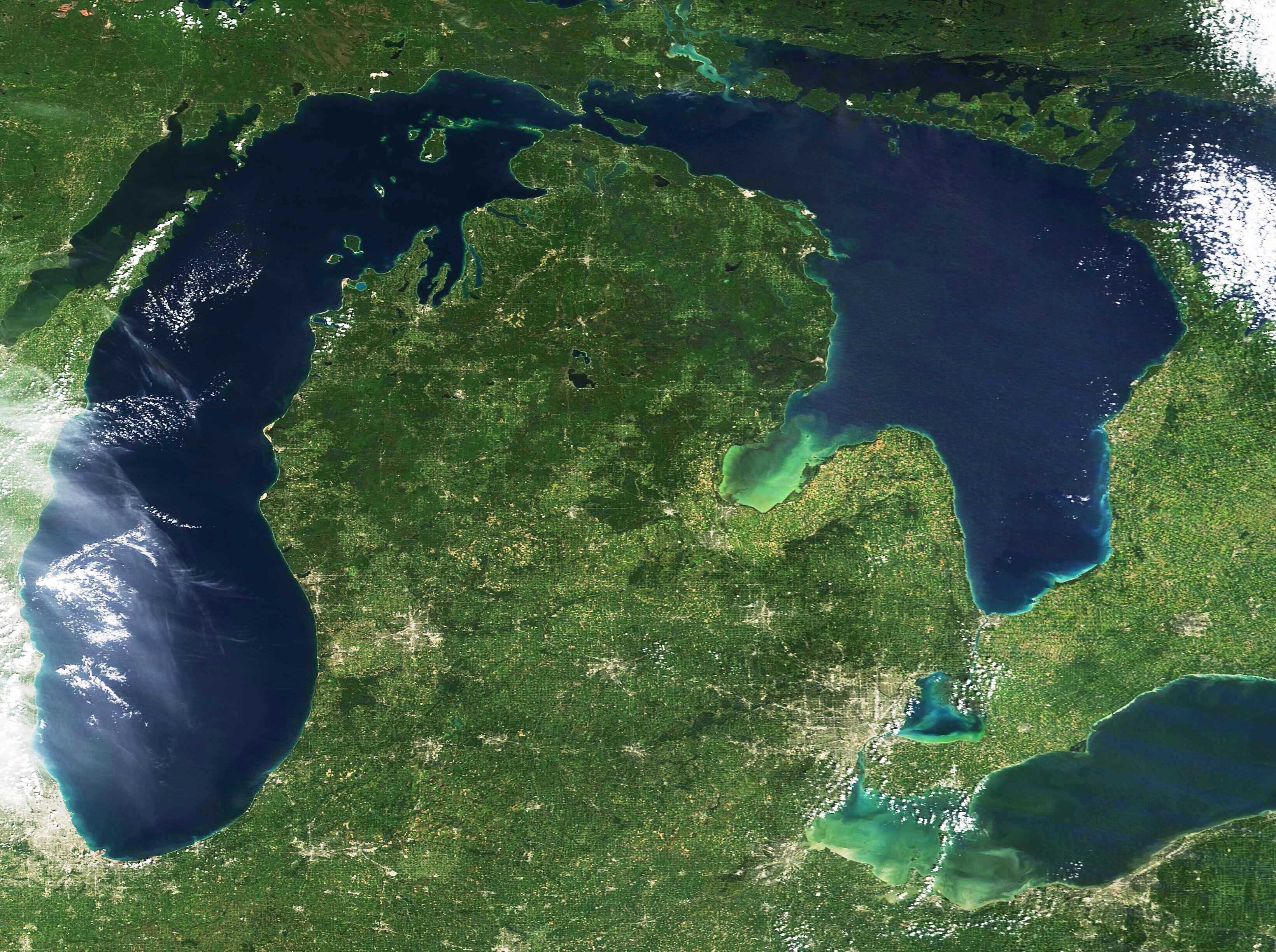 Satellite view of Lakes Michigan and Huron joined by the narrow Straits of Mackinac.