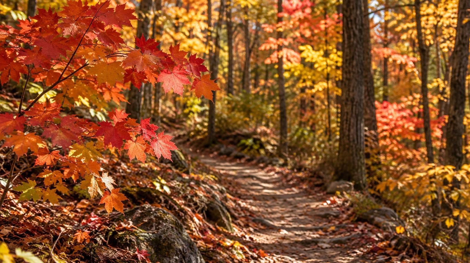 Dirt hiking trail curving through maple trees with red, orange, and gold autumn leaves.