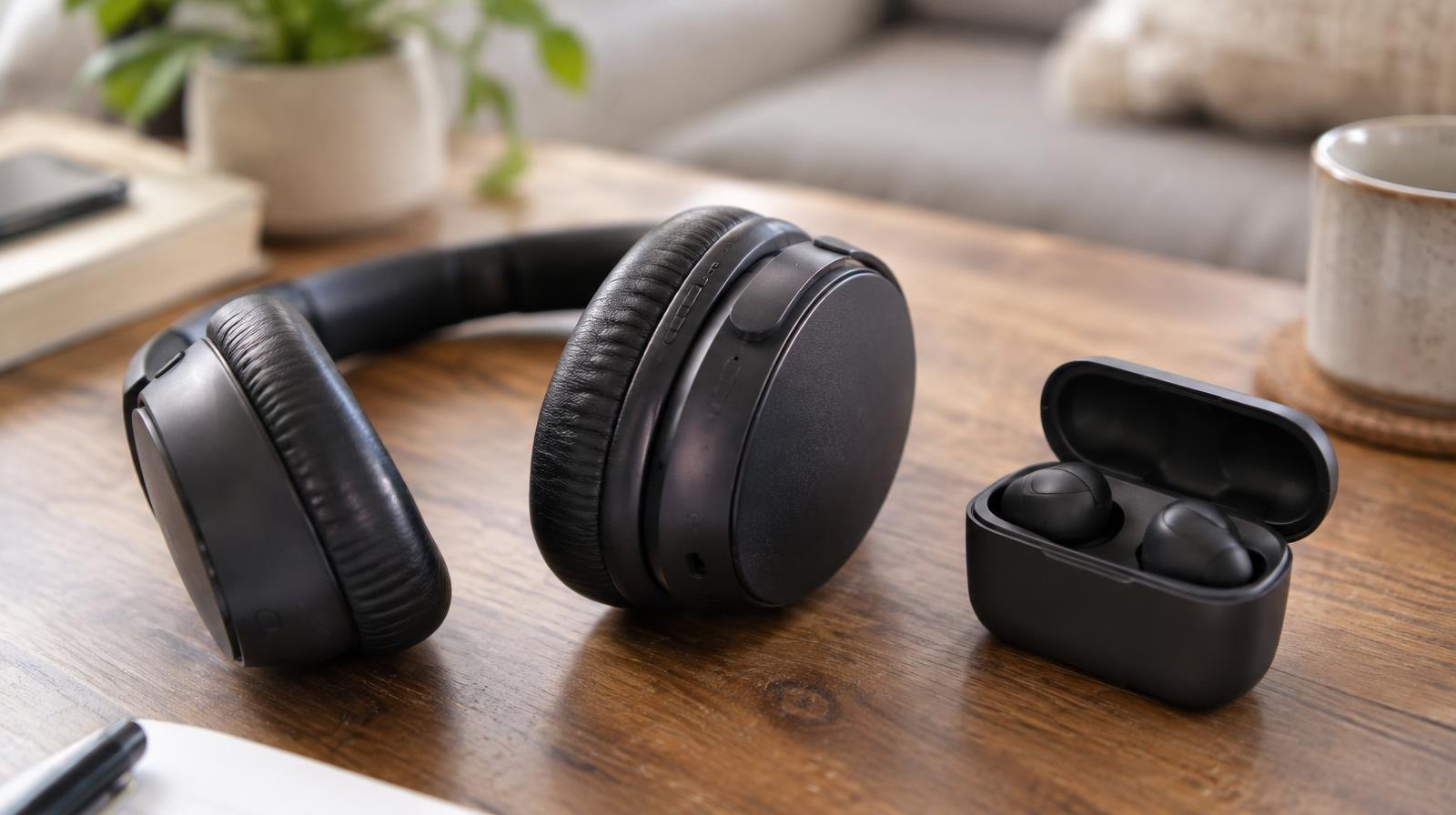 Over-ear wireless headphones and earbuds in a charging case on a wooden surface.