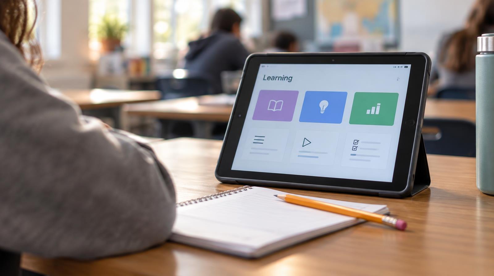 A tablet computer open to a learning app on a wooden desk beside a pencil and notebook.