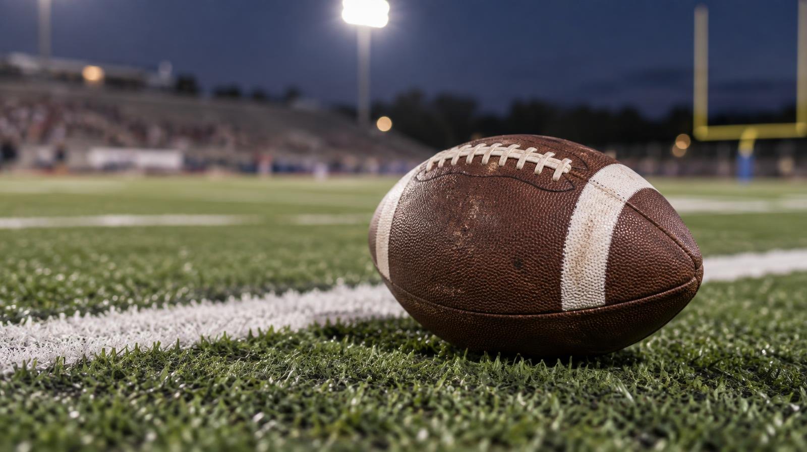 An American football resting on green turf beside a white yard line under bright stadium lights.