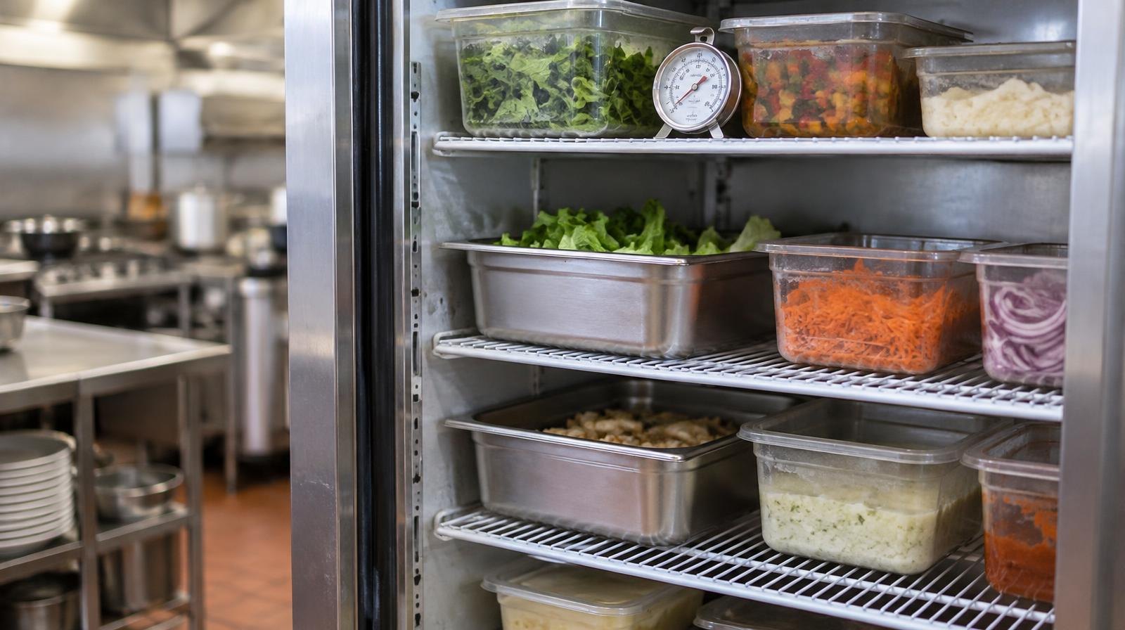 Open commercial refrigerator with food containers on shelves and a thermometer on top.
