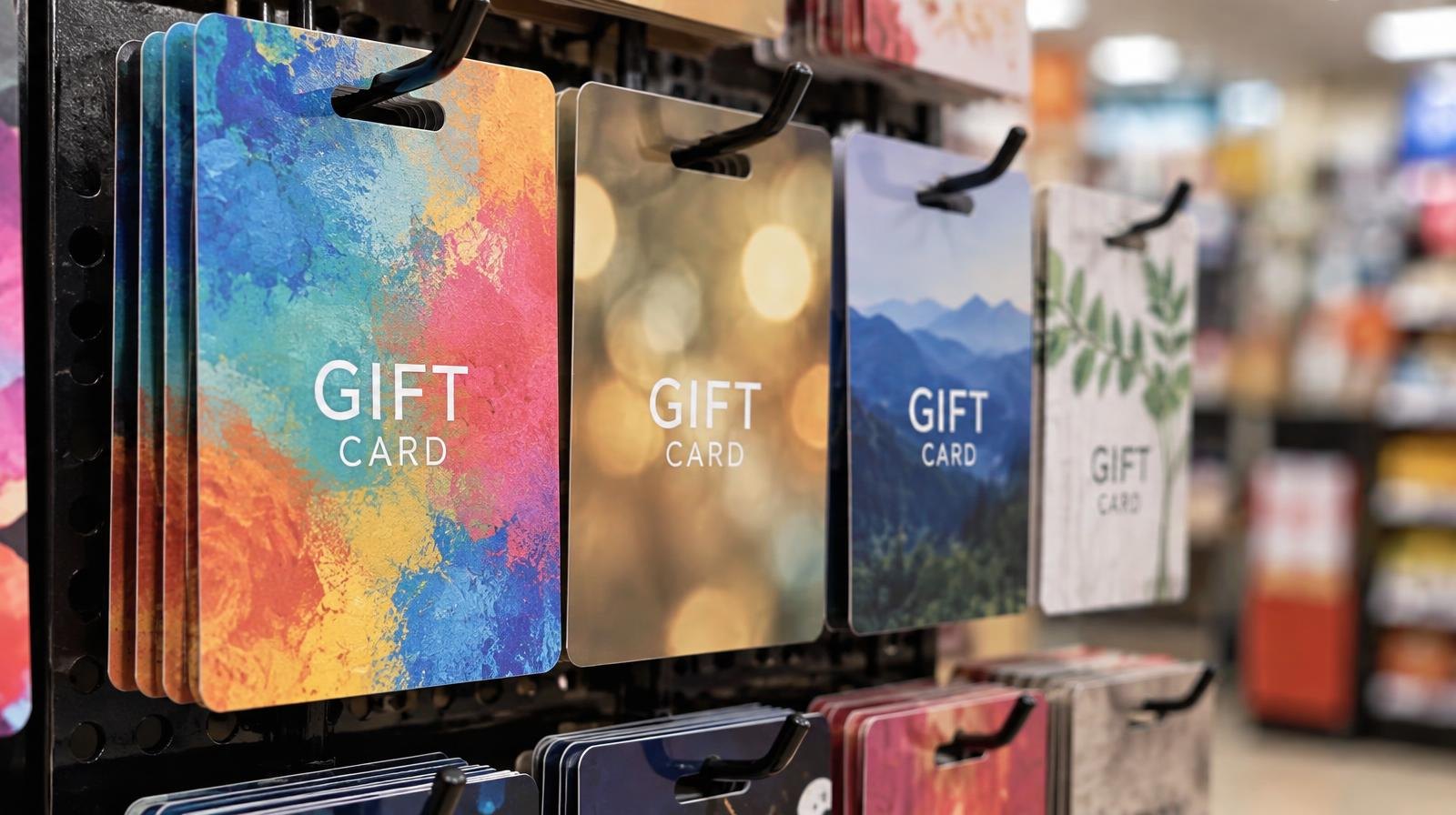Colorful gift cards hanging in rows on a retail store display rack.